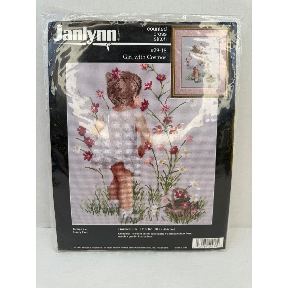 Janlynn Girl with Cosmos Counted Cross‎ Stitch Kit 29-18 Nancy Cole Vintage 1995
